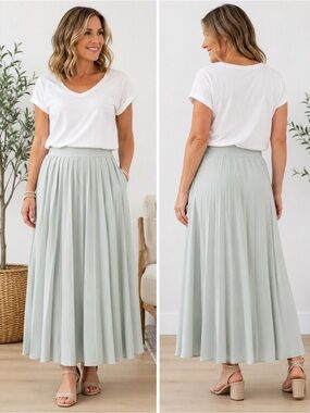 AKA Mint Green Pleated Maxi Skirt | Size 3 | Side Zip | Stretch Waistband